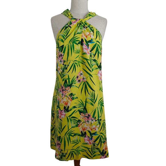 Tommy Bahama Floral Print Halter Dress Size Large Linen Twist Front Tropical - Picture 2 of 10